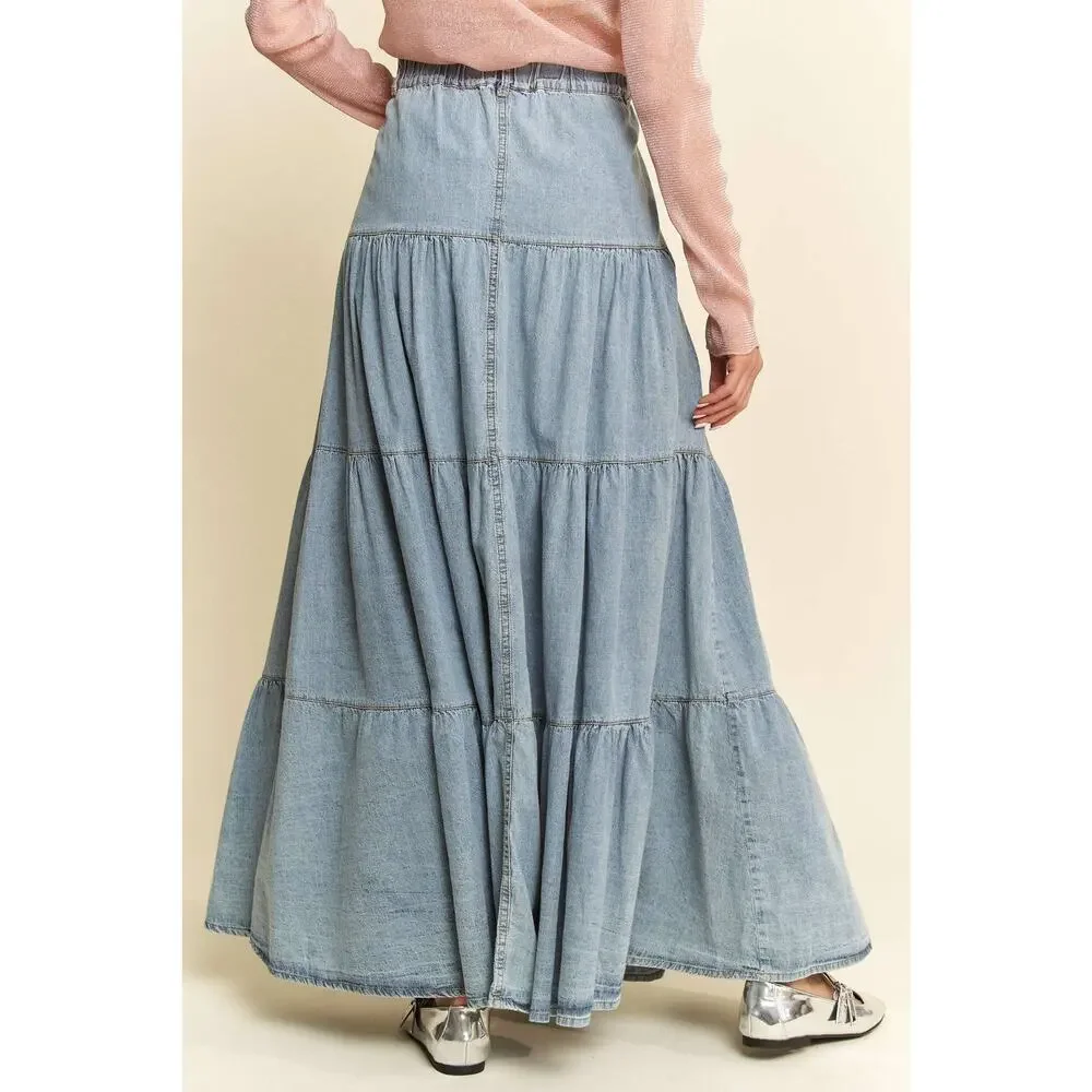 Denim Button-Front Ruffle Hem Maxi Skirt - Picture 5 of 9